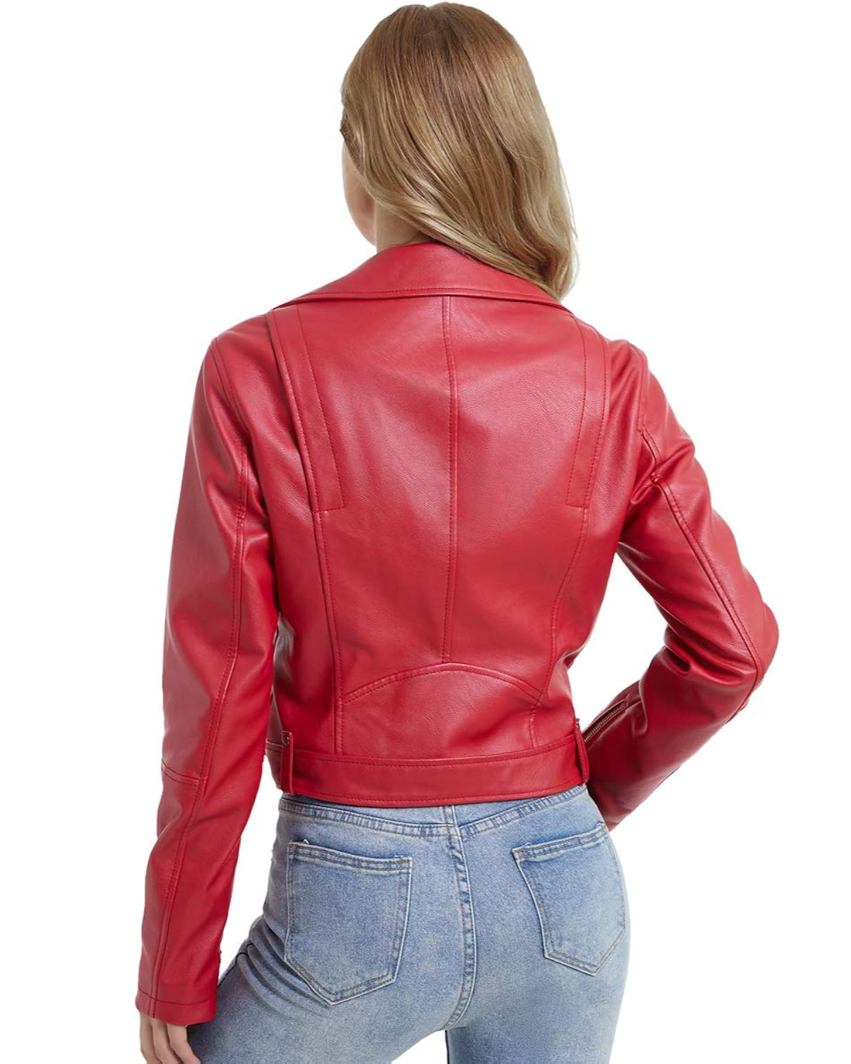 XAYWEAR red faux leather jacket for women biker jacket shown from the back with fitted design