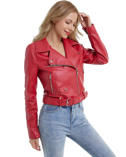 Red faux leather jacket for women by XAYWEAR styled with blue jeans and a belted waist