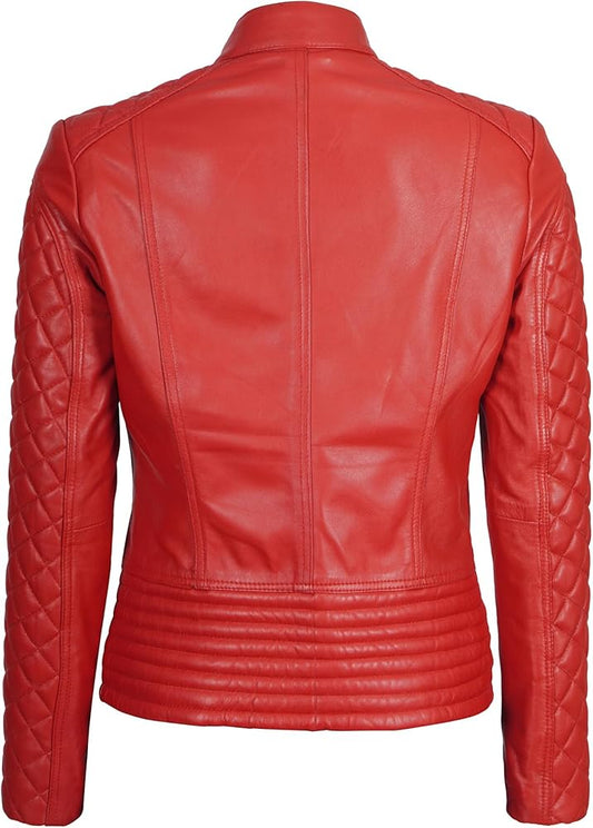 XAYWEAR red leather jacket for women with quilted sleeves and padded waist detail