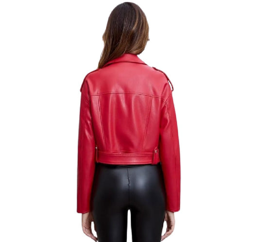 XAYWEAR red biker jacket viewed from back featuring a short women jacket style in faux leather