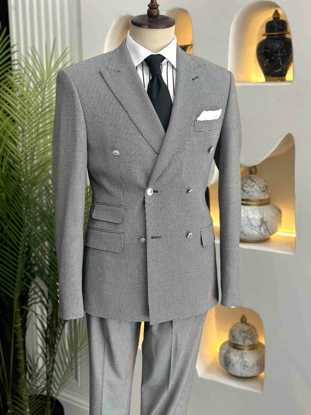 XAYWEAR Elite Slim-Fit Light Grey Double-Breasted Two-Piece Suit for Men - XAYWEAR