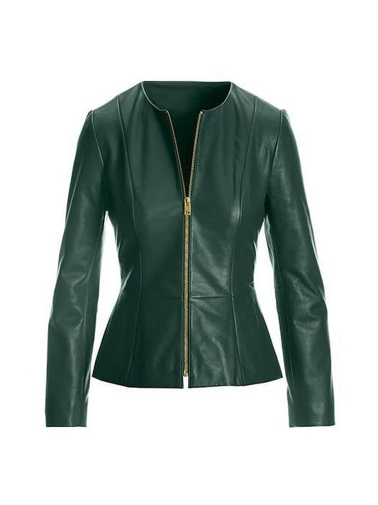 XAYWEAR Faux Leather Peplum Jacket in Elegant Green - XAYWEAR