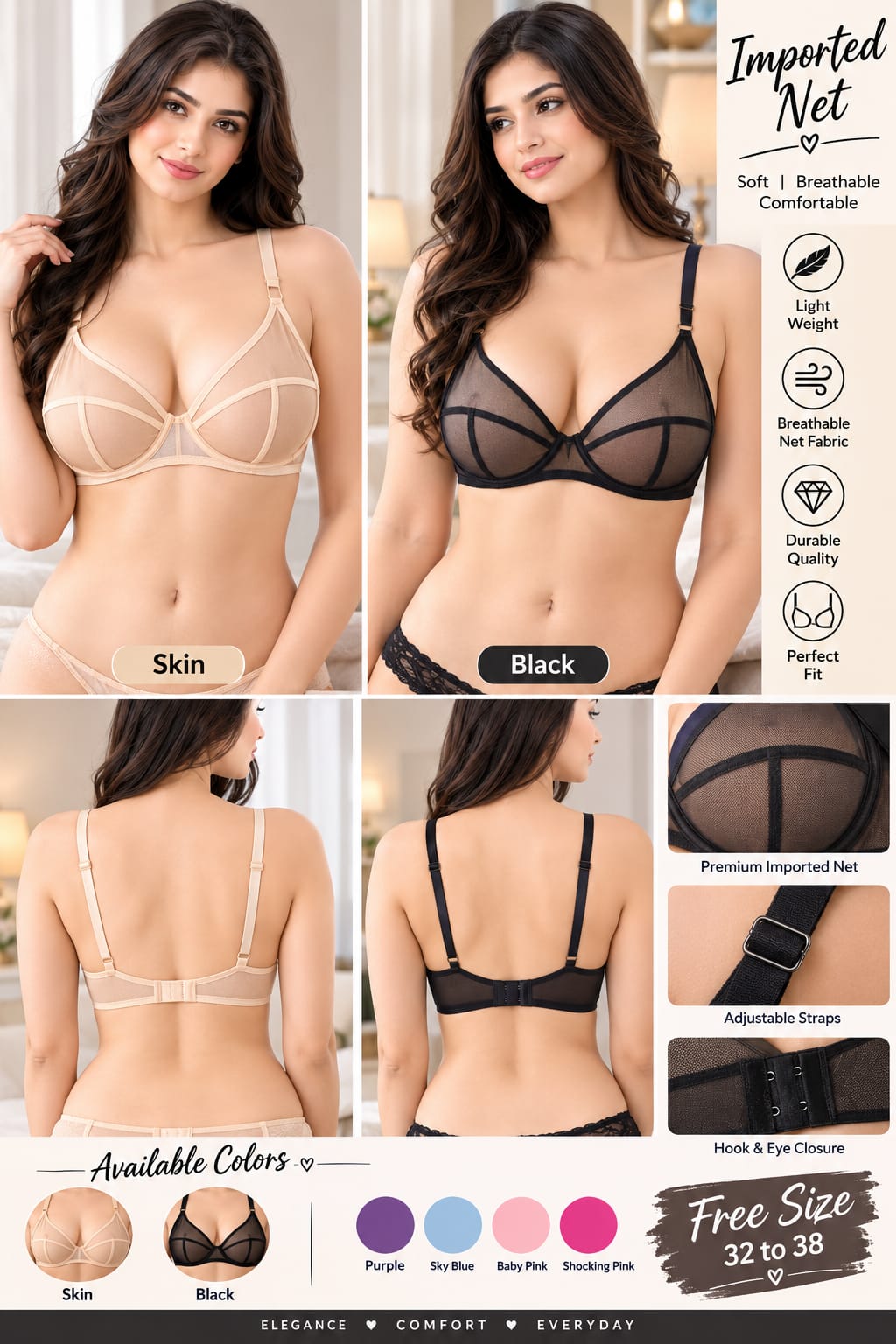 XAYWEAR Elegant Net Bra XYR-B77 - PACK OF 3 DEAL