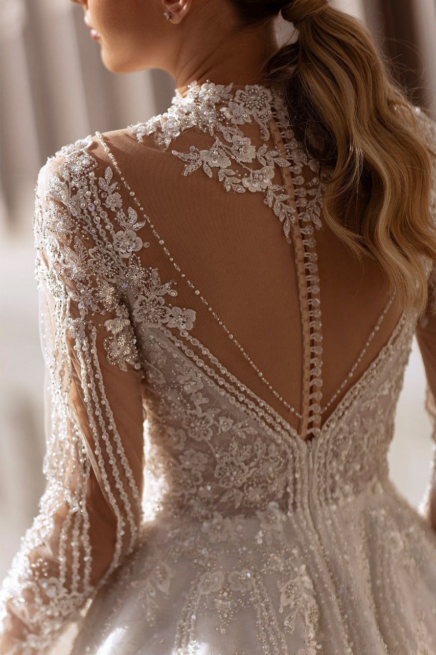 XAYWEAR Premium - High Neck Lace Ball Gown with Illusion Sleeves - XAYWEAR