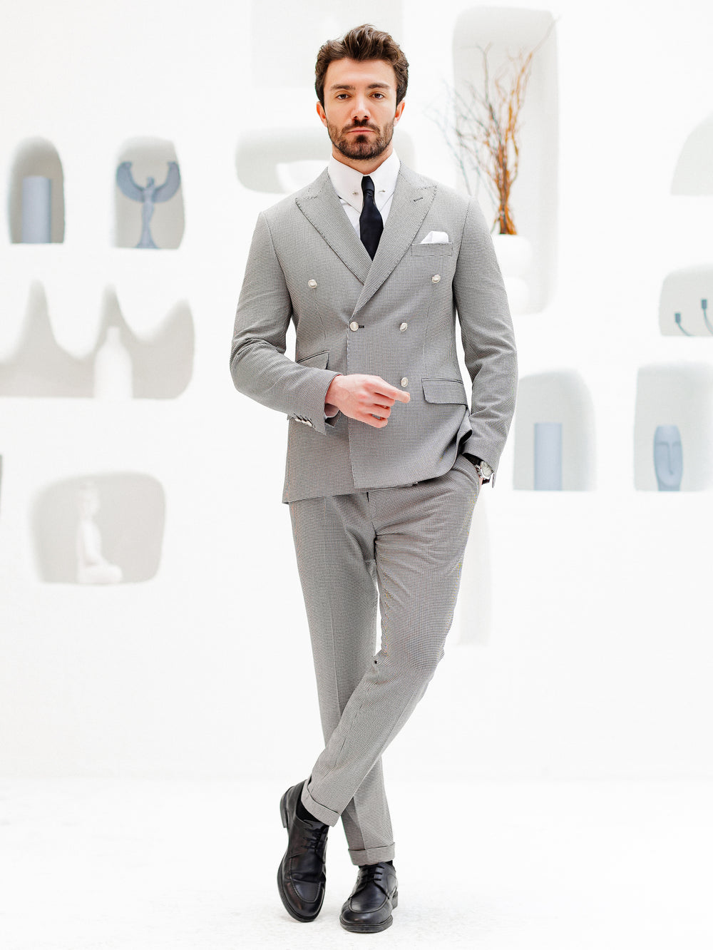 XAYWEAR Elite Slim-Fit Light Grey Double-Breasted Two-Piece Suit for Men