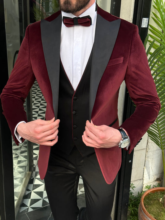 XAYWEAR Classic Men's Burgundy Velvet Blazer - XAYWEAR