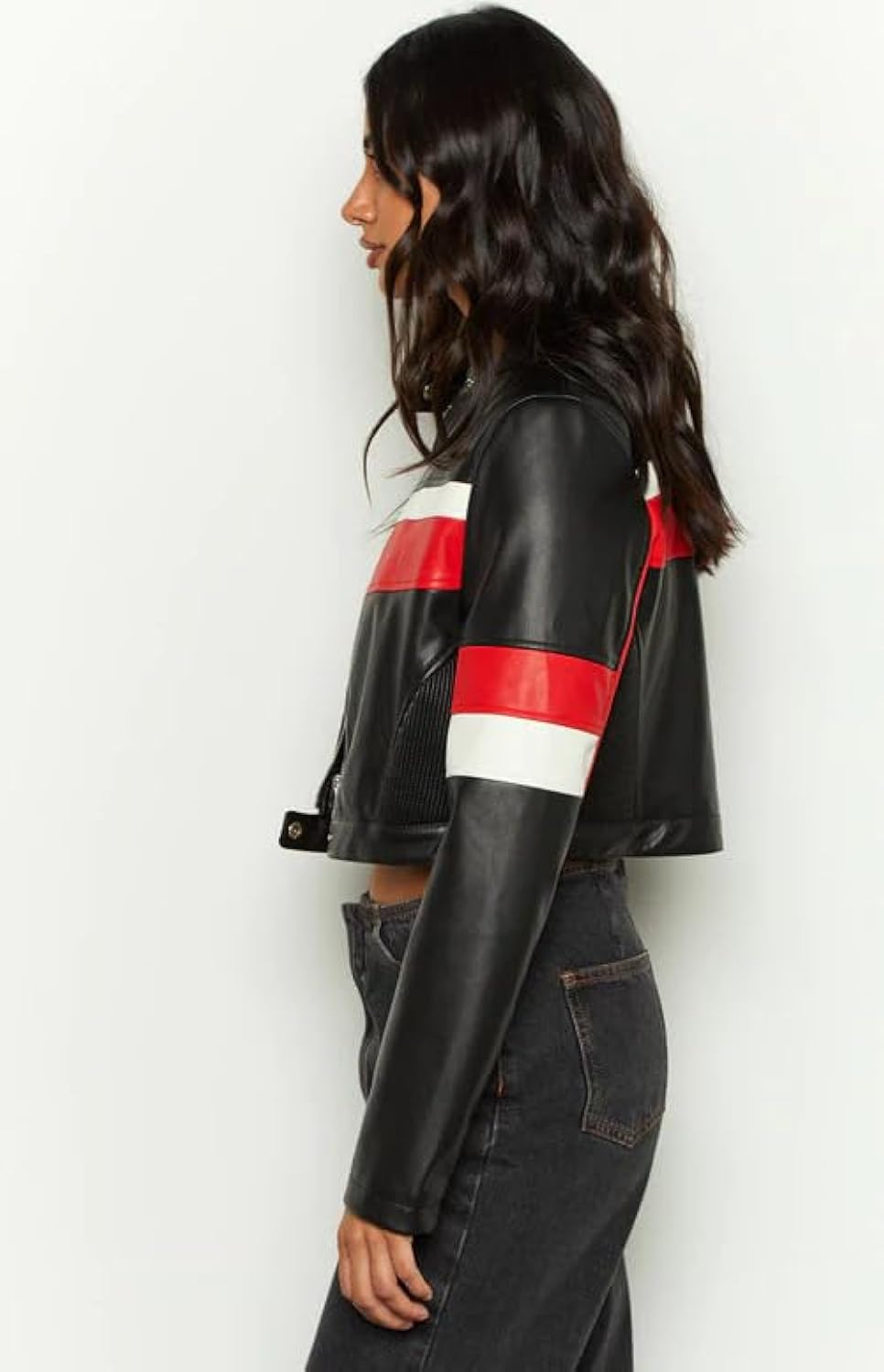 XAYWEAR strip leather jacket in black with red and white stripes worn by woman