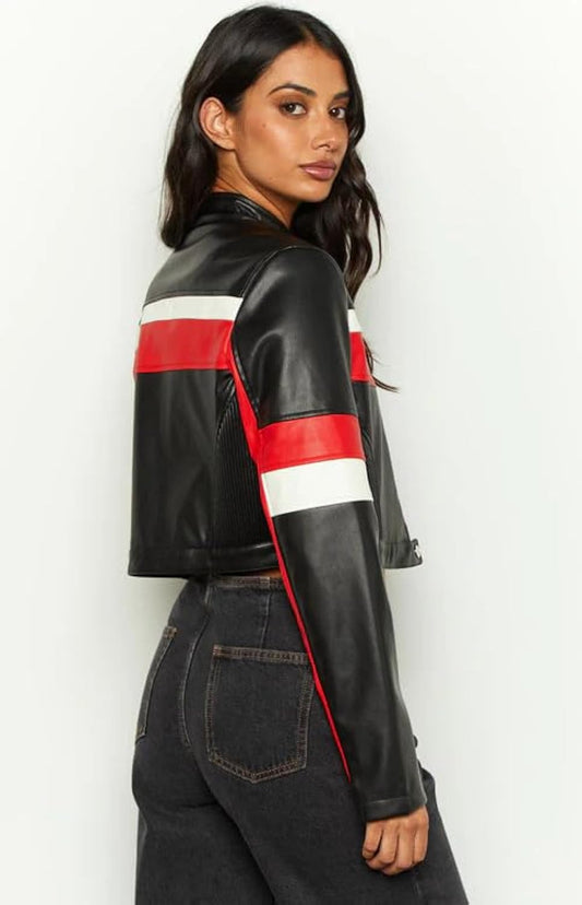 XAYWEAR black biker strip leather jacket with red and white stripes worn by woman
