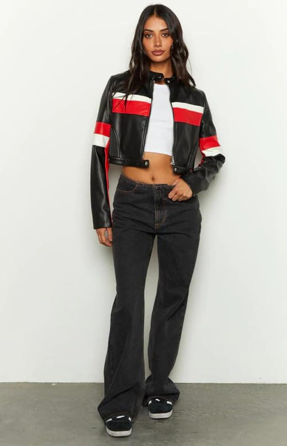XAYWEAR black biker jacket with red and white stripes styled as a strip leather jacket on a model