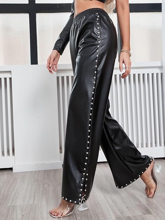 XAYWEAR women leather pants black wide leg with silver side studs elastic waist and clear heels