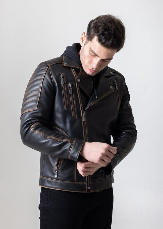 XAYWEAR stylish leather jacket for men with quilted shoulder detailing and zipper pockets