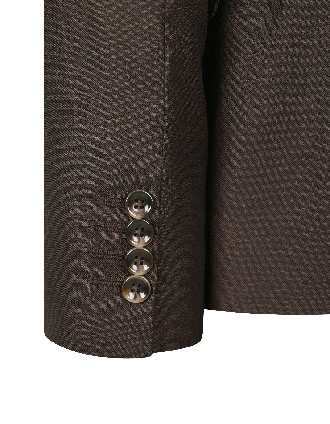 Close-up of XAYWEAR brown Suit for Men showcasing detailed buttons and fabric texture