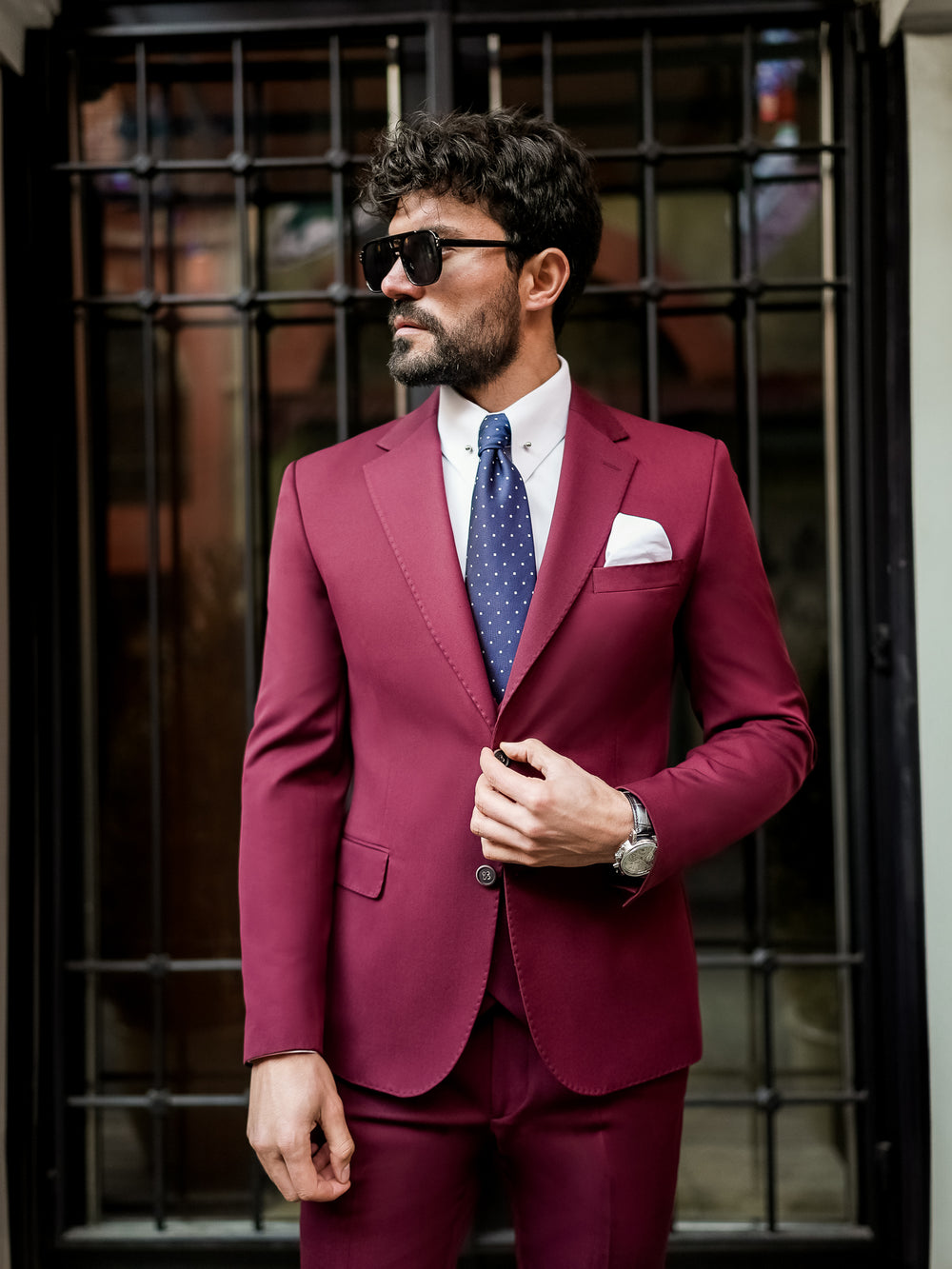 XAYWEAR maroon suit for men styled with white shirt and navy dotted tie