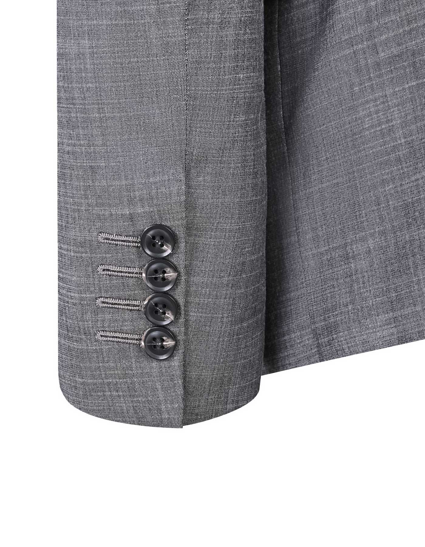 Close-up of XAYWEAR gray three-piece suit for men showcasing elegant button details on the sleeve