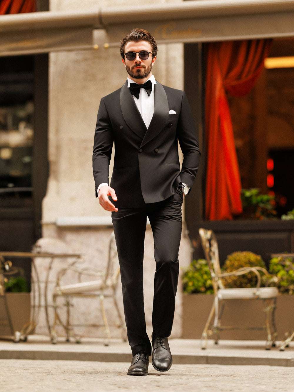 Elegant XAYWEAR Two-Piece Suit for Men in Black with Bow Tie and Stylish Sunglasses