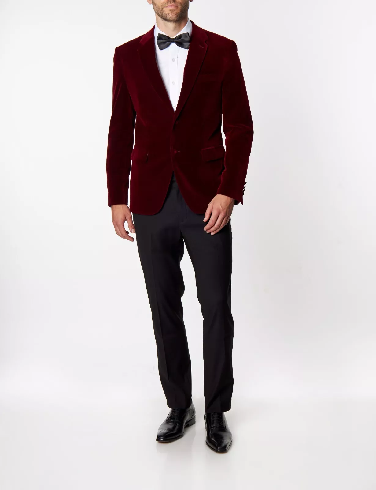 XAYWEAR burgundy velvet tuxedo for men blazer styled with black pants and bow tie