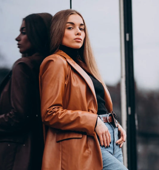 XAYWEAR brown faux leather jacket for women styled with black turtleneck and blue jeans