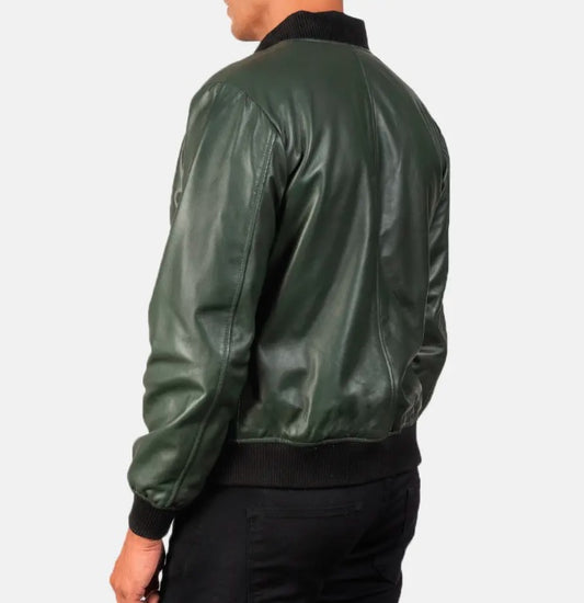 XAYWEAR green leather jacket for men with black ribbed cuffs and waistband shown from back