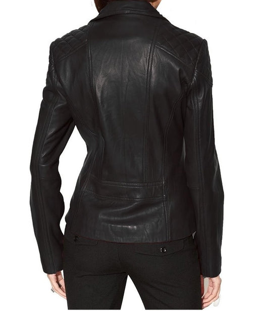 XAYWEAR black leather jacket for women with quilted shoulder design shown from back