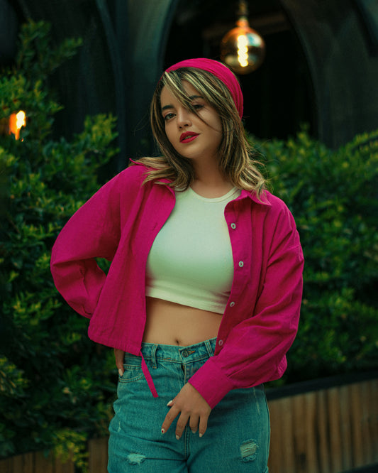 XAYWEAR pink jacket for women worn over white crop top with blue jeans and matching headband
