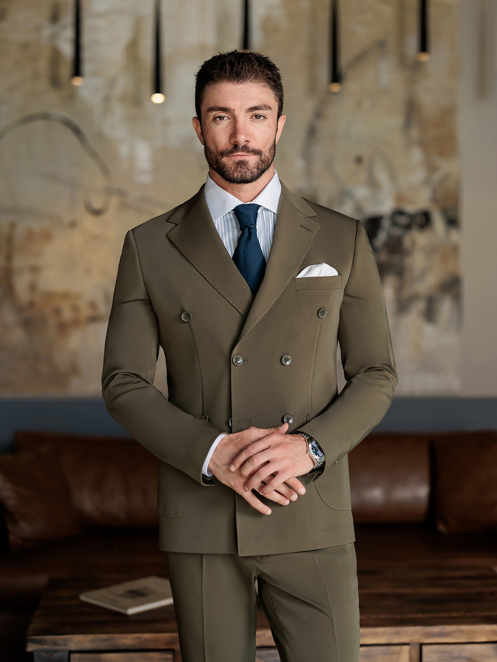 XAYWEAR stylish olive double-breasted suit for men with navy tie and white pocket square