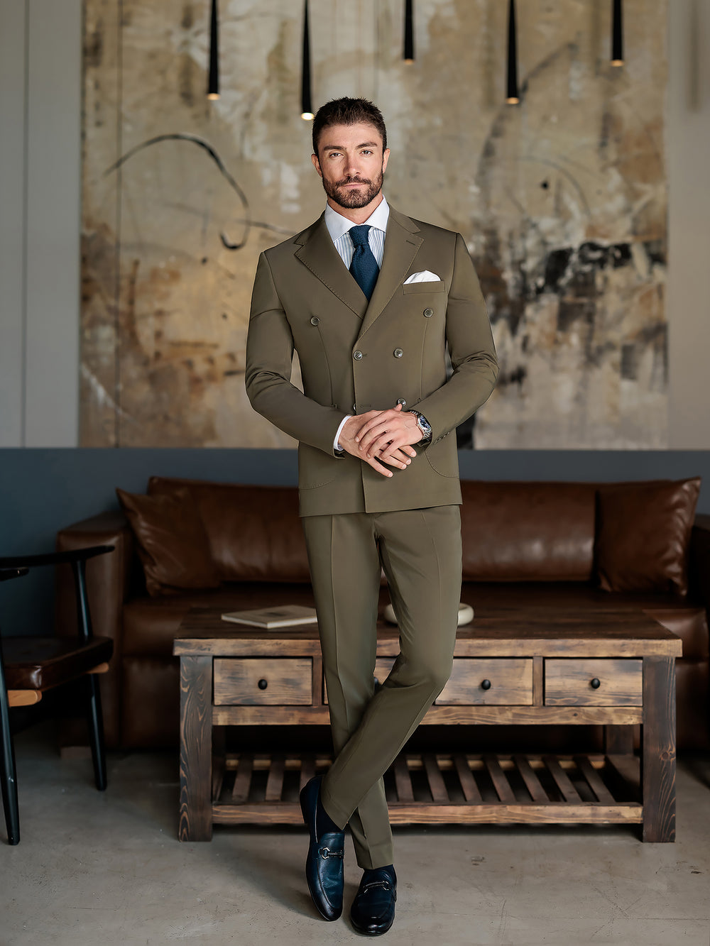 XAYWEAR olive double-breasted suit for men with navy tie and white pocket square