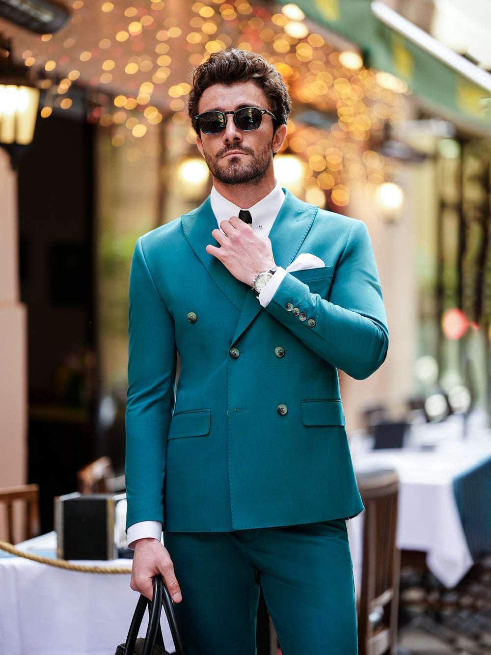 Stylish teal suit for men by XAYWEAR with double-breasted blazer and matching pants