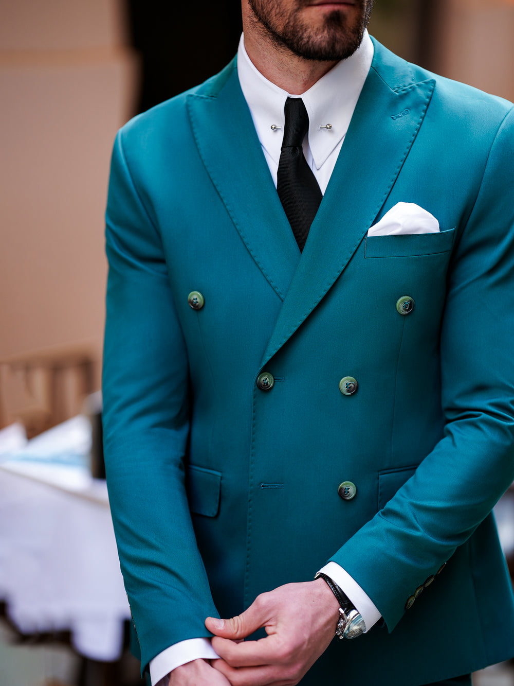 XAYWEAR teal double-breasted suit for men with white shirt black tie and pocket square