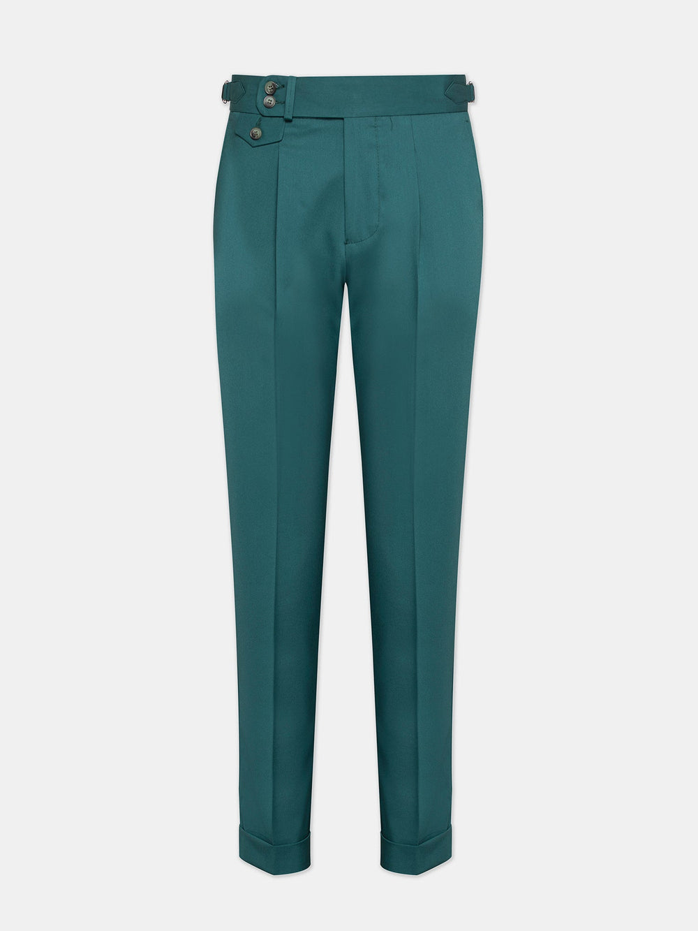 Green dress pants part of a suit for men by XAYWEAR with buttoned waist detailing