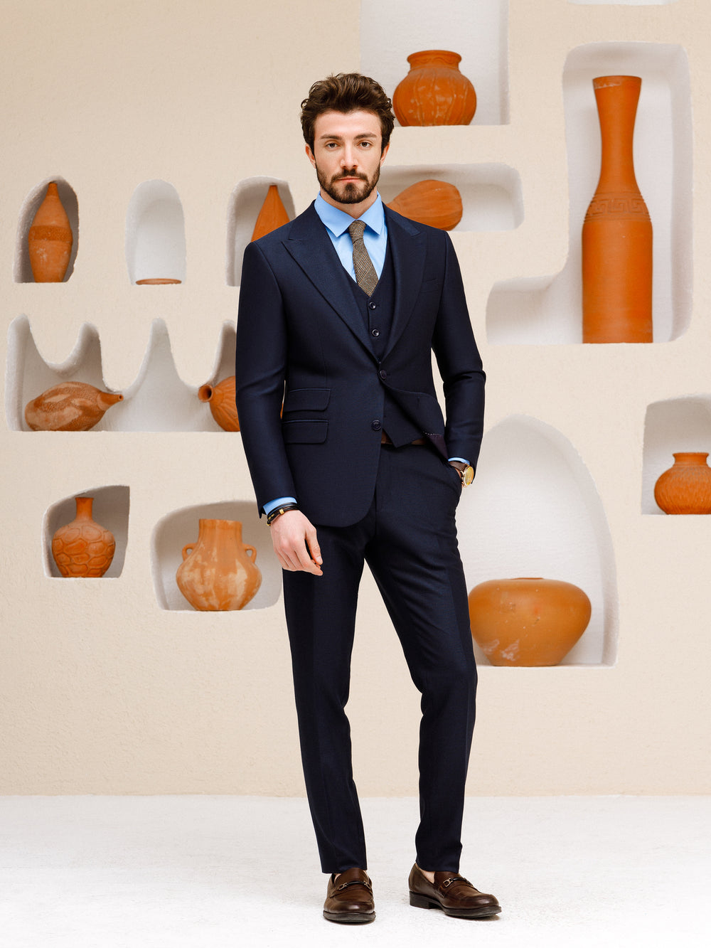 XAYWEAR navy blue suit set for men with matching vest and light blue shirt