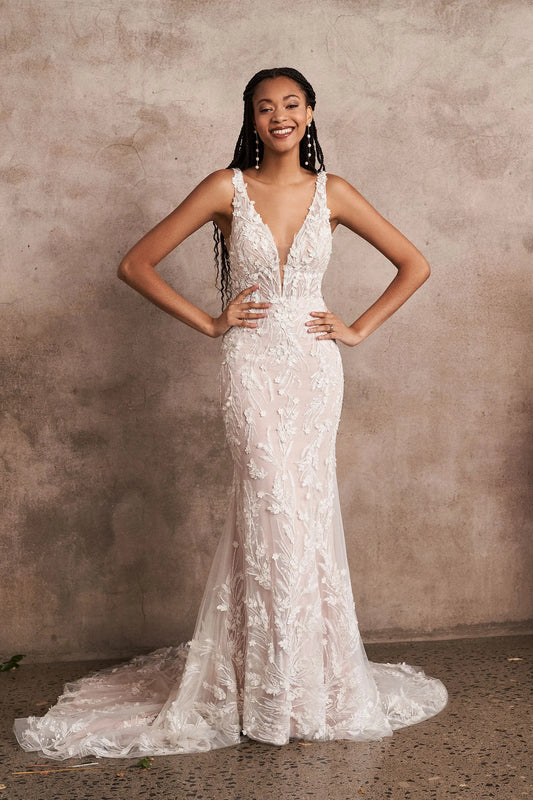 XAYWEAR elegant wedding white dress gown with lace details and deep V neckline