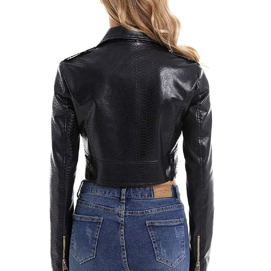 XAYWEAR women cropped leather jacket in black with textured finish and fitted design