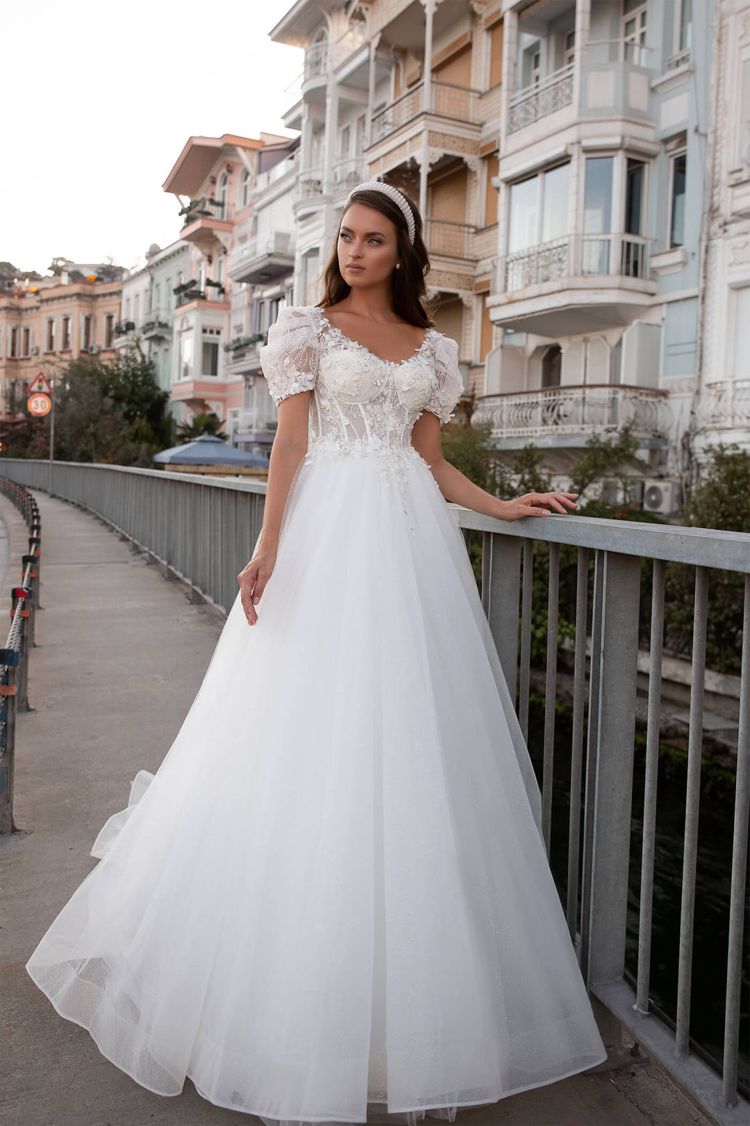 XAYWEAR elegant wedding dress with puff sleeves and lace detailing on bodice and full tulle skirt