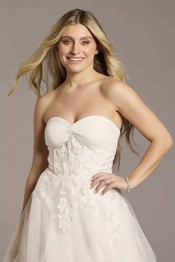 XAYWEAR strapless wedding dress with floral lace detailing and sweetheart neckline