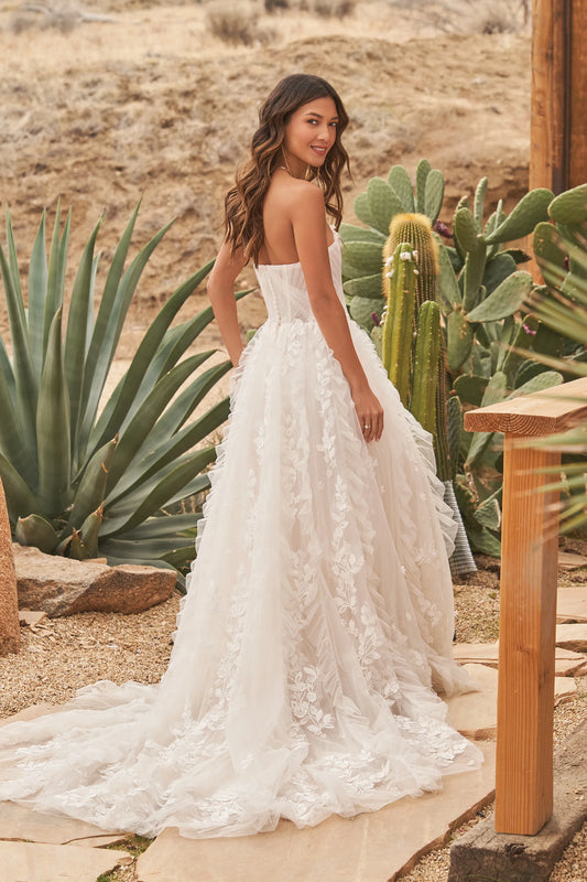 XAYWEAR strapless lace gown wedding dress with long train and floral embroidery