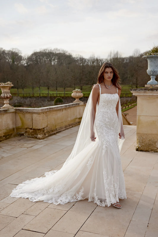 XAYWEAR elegant wedding dress gown with lace details and long train perfect for outdoor ceremonies