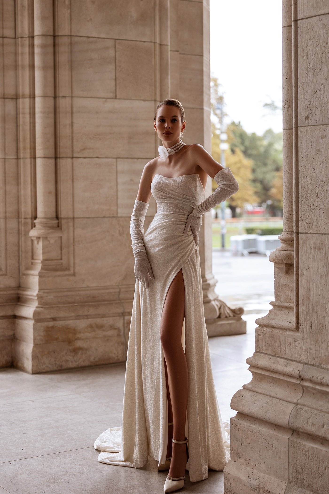 XAYWEAR elegant wedding gown with thigh-high slit, strapless neckline, and matching gloves