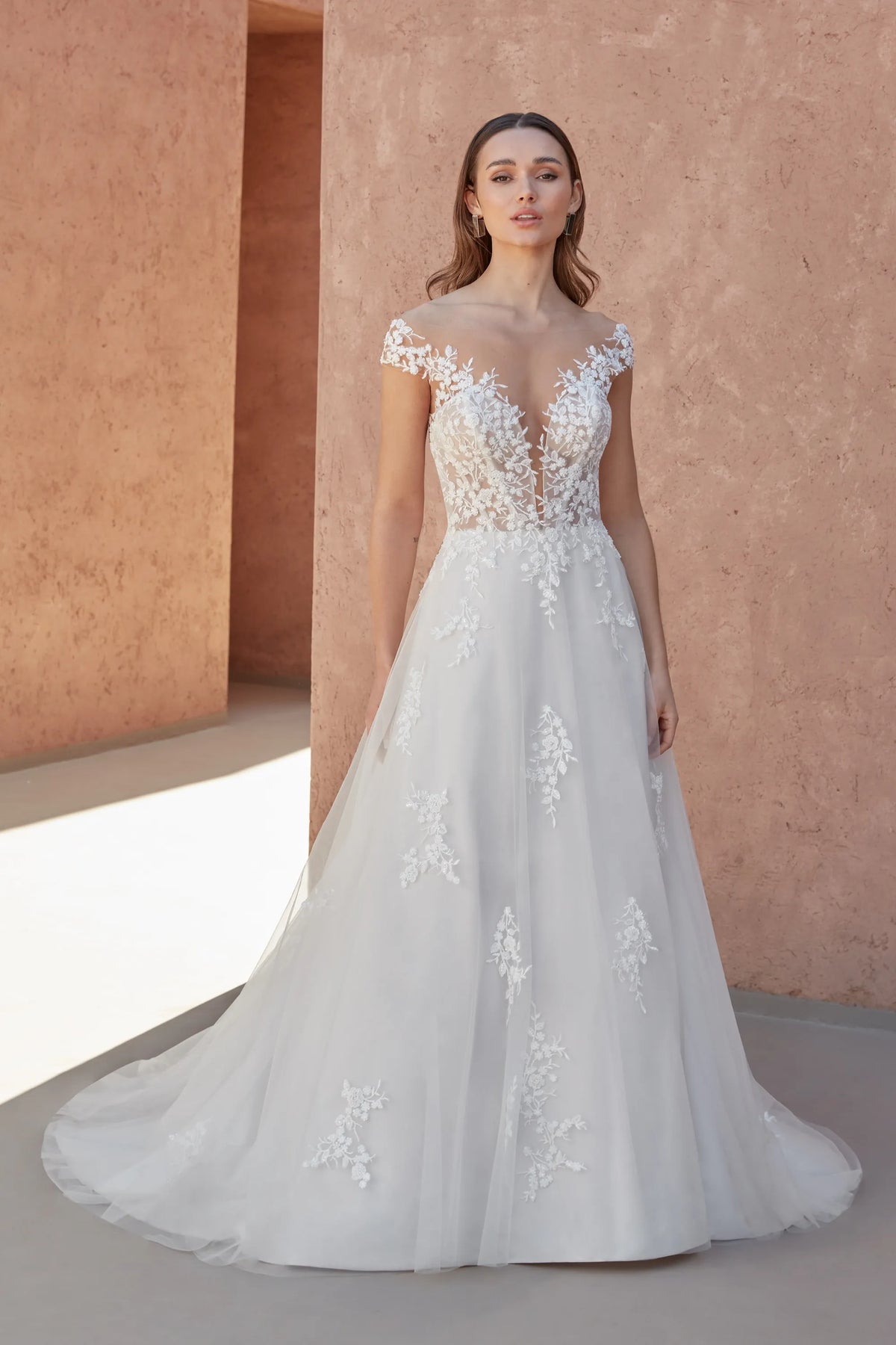 XAYWEAR elegant wedding white gown with lace floral applique and sheer deep neckline