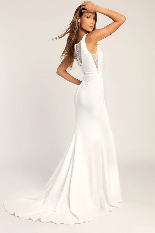 XAYWEAR elegant white bridal dress gown with lace back and long train