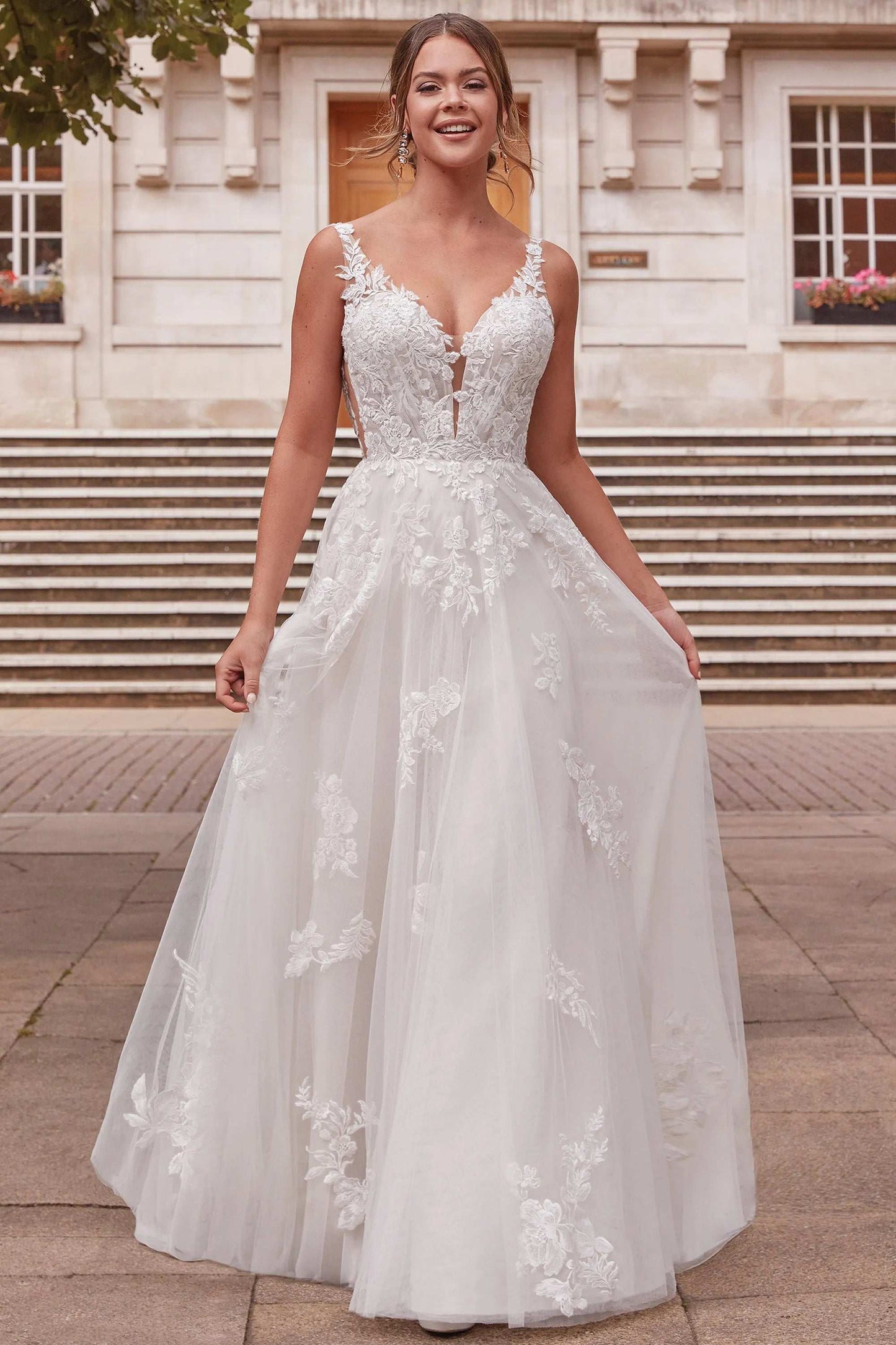 XAYWEAR elegant white lace wedding dress with floral appliques and sheer bodice