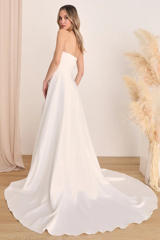 XAYWEAR elegant strapless white bridal dress gown with long train and smooth fabric