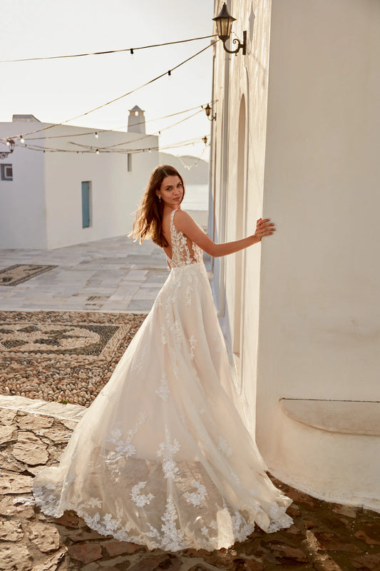 XAYWEAR elegant white wedding dress gown with lace detailing and long flowing train