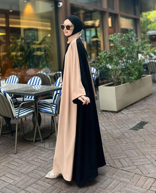 Stylish women black abaya with contrasting beige sleeves, perfect for casual outings and elegance