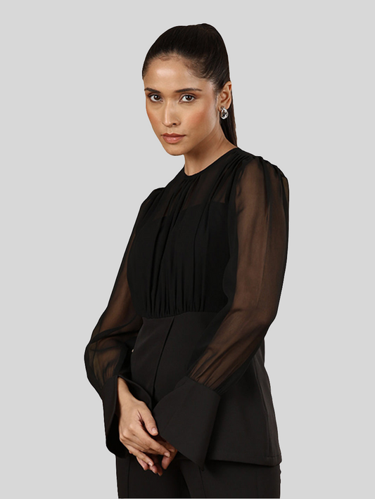XAYWEAR elegant women black blouse with sheer long sleeves and pleated front design
