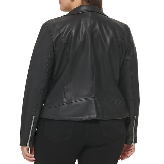 XAYWEAR women faux leather jacket black biker jacket with zipper cuffs shown from back