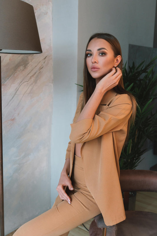 XAYWEAR women formal suit in beige featuring a tailored blazer and matching pants perfect for professional wear