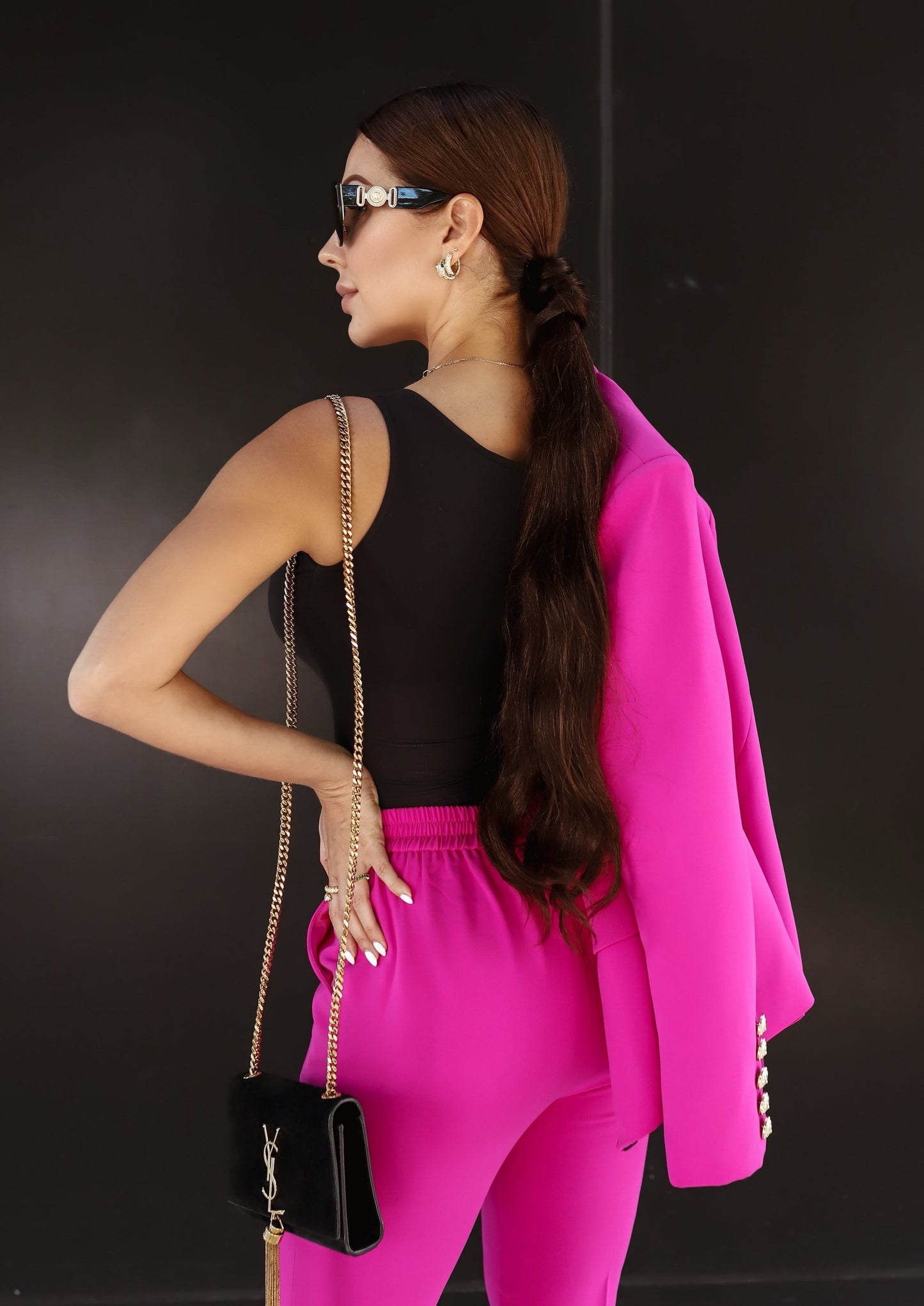XAYWEAR pink suit jacket and pants outfit styled for women formal wear with sleeveless black top