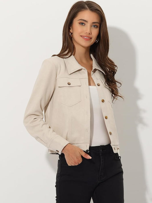XAYWEAR beige women jacket with button front and chest pockets styled with black pants
