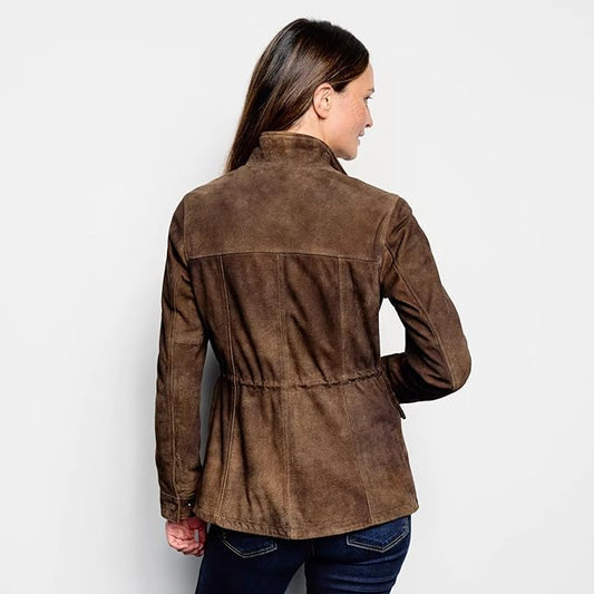 Back view of XAYWEAR brown suede women jacket with stand collar and fitted waist