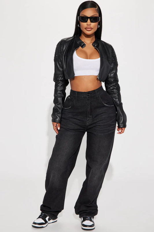 XAYWEAR women leather jacket cropped style worn with white crop top black jeans and sneakers